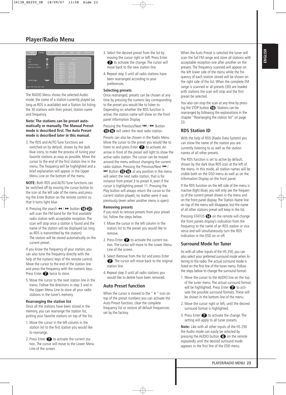 Player/radio menu | Harman-Kardon HS 250 User Manual | Page 23 / 32