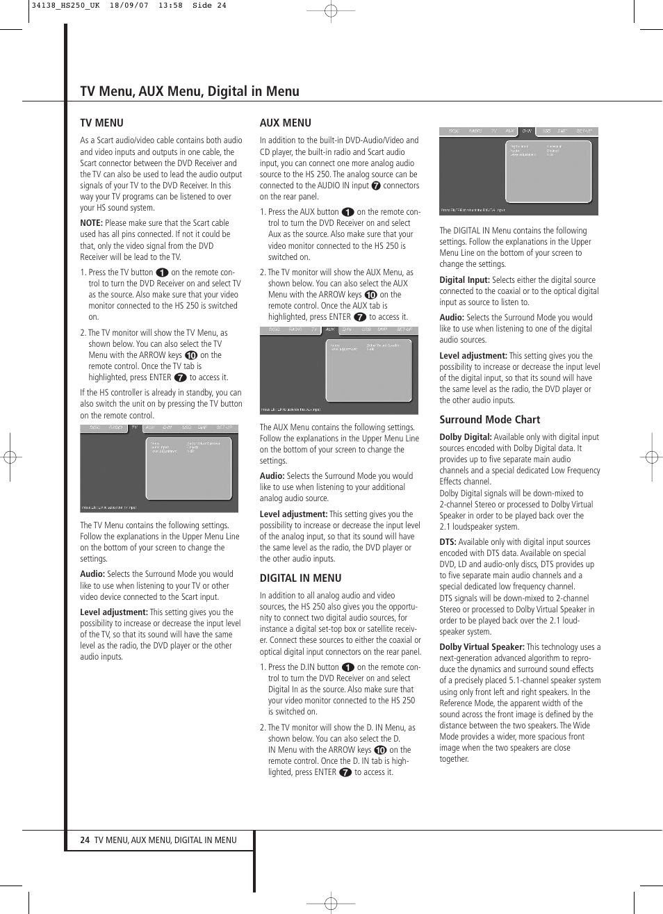 Tv menu, aux menu, digital in menu | Harman-Kardon HS 250 User Manual | Page 24 / 32