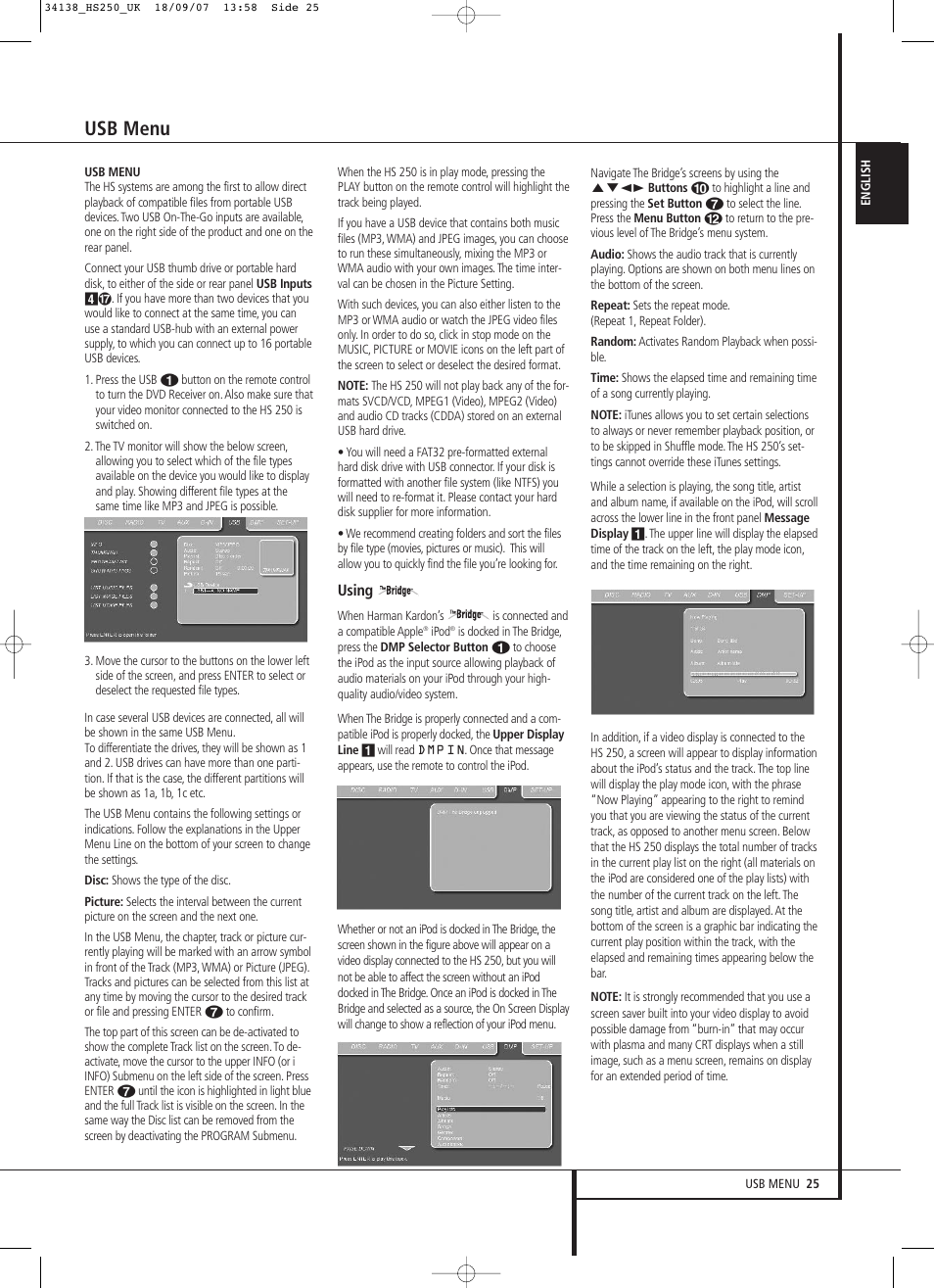 Usb menu | Harman-Kardon HS 250 User Manual | Page 25 / 32