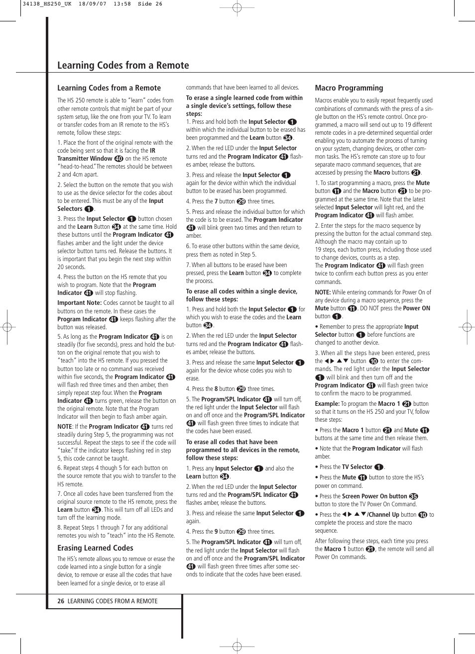 Learning codes from a remote | Harman-Kardon HS 250 User Manual | Page 26 / 32