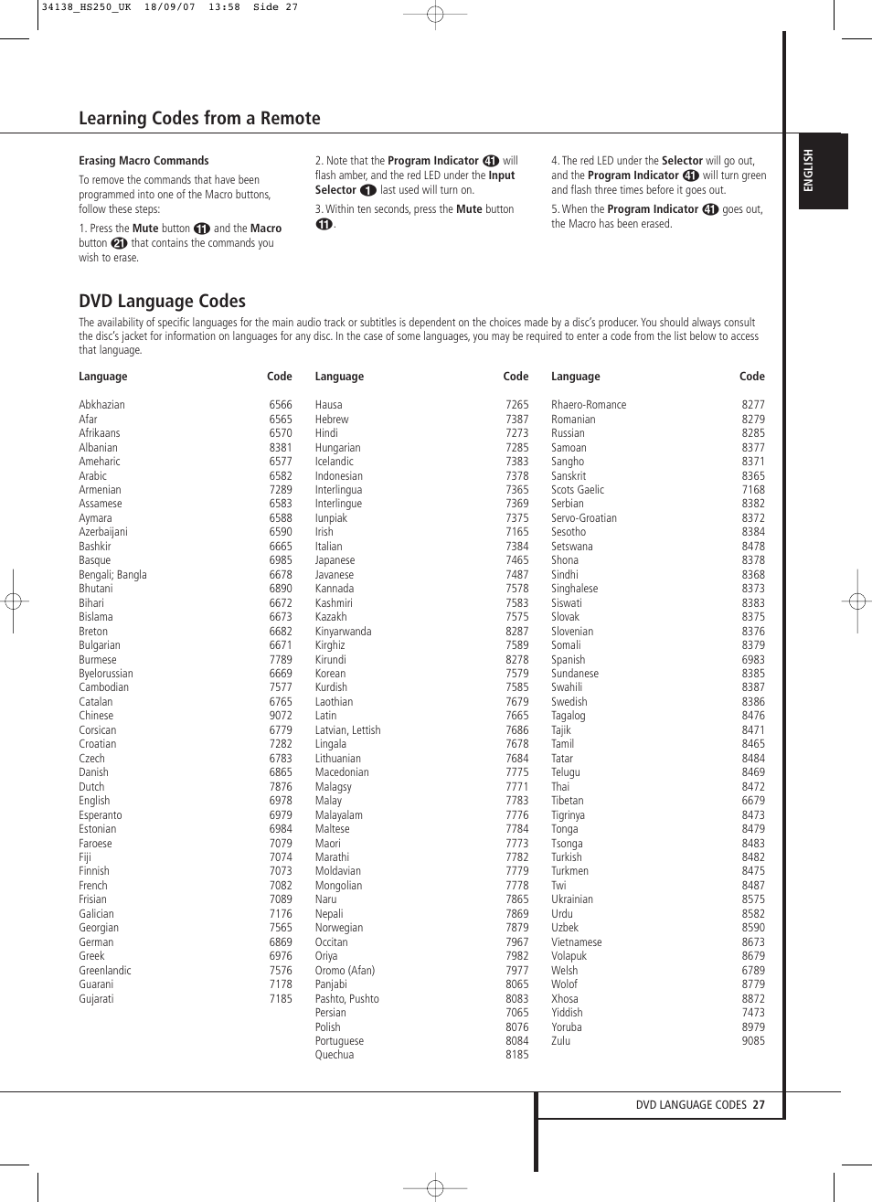 Dvd language codes, Learning codes from a remote | Harman-Kardon HS 250 User Manual | Page 27 / 32