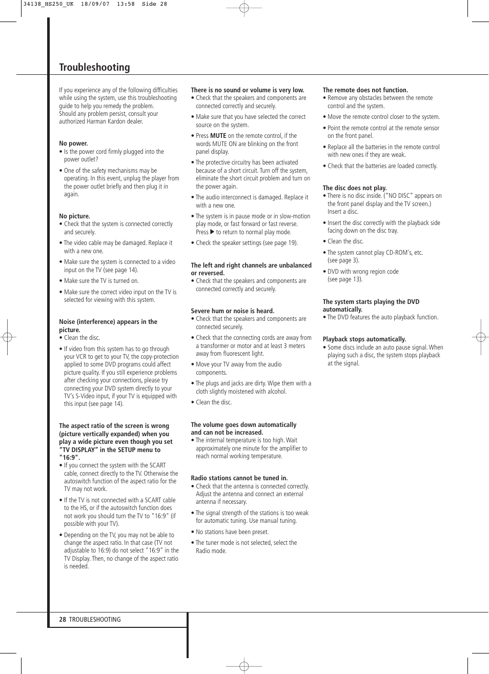Troubleshooting | Harman-Kardon HS 250 User Manual | Page 28 / 32