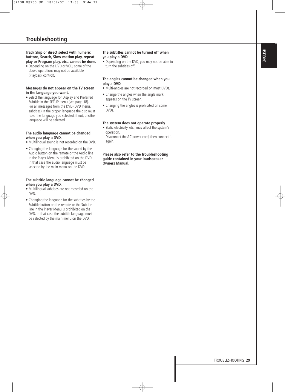 Troubleshooting | Harman-Kardon HS 250 User Manual | Page 29 / 32