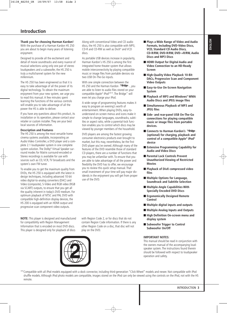 Introduction | Harman-Kardon HS 250 User Manual | Page 3 / 32