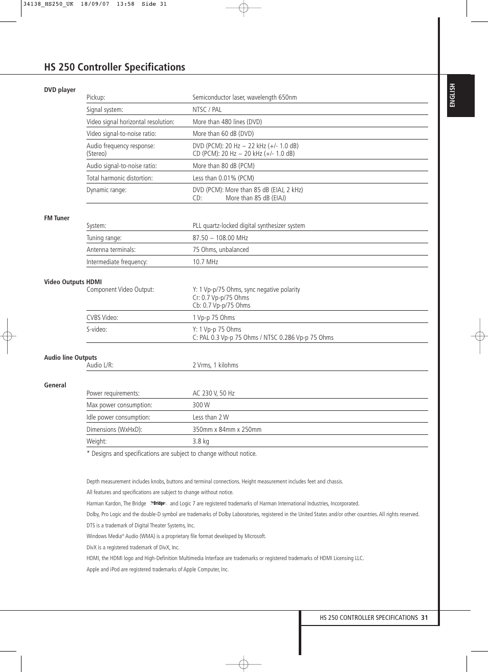 Hs 250 controller specifications | Harman-Kardon HS 250 User Manual | Page 31 / 32