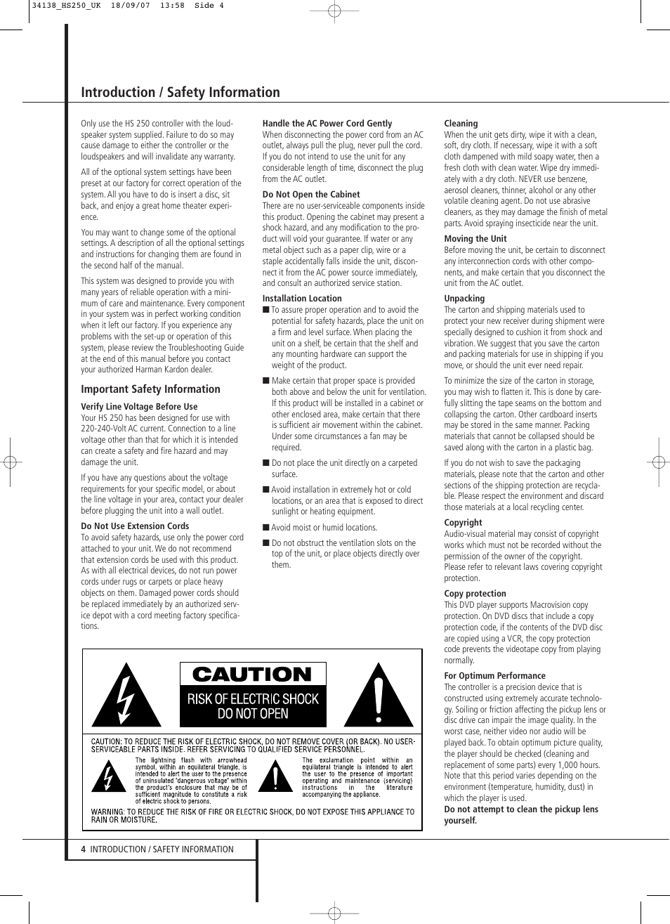 Introduction / safety information | Harman-Kardon HS 250 User Manual | Page 4 / 32