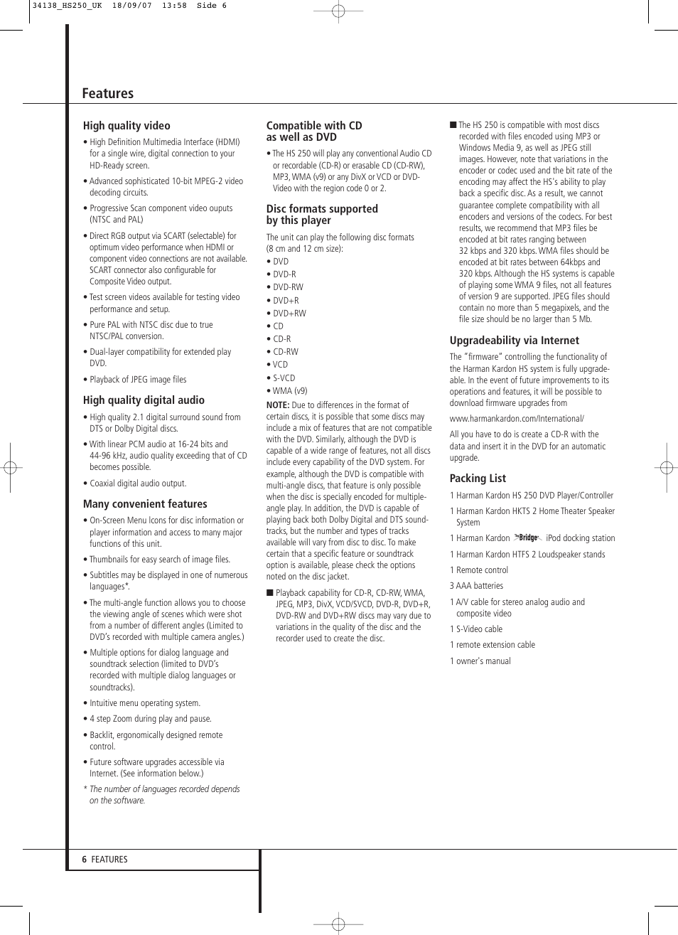 Features | Harman-Kardon HS 250 User Manual | Page 6 / 32