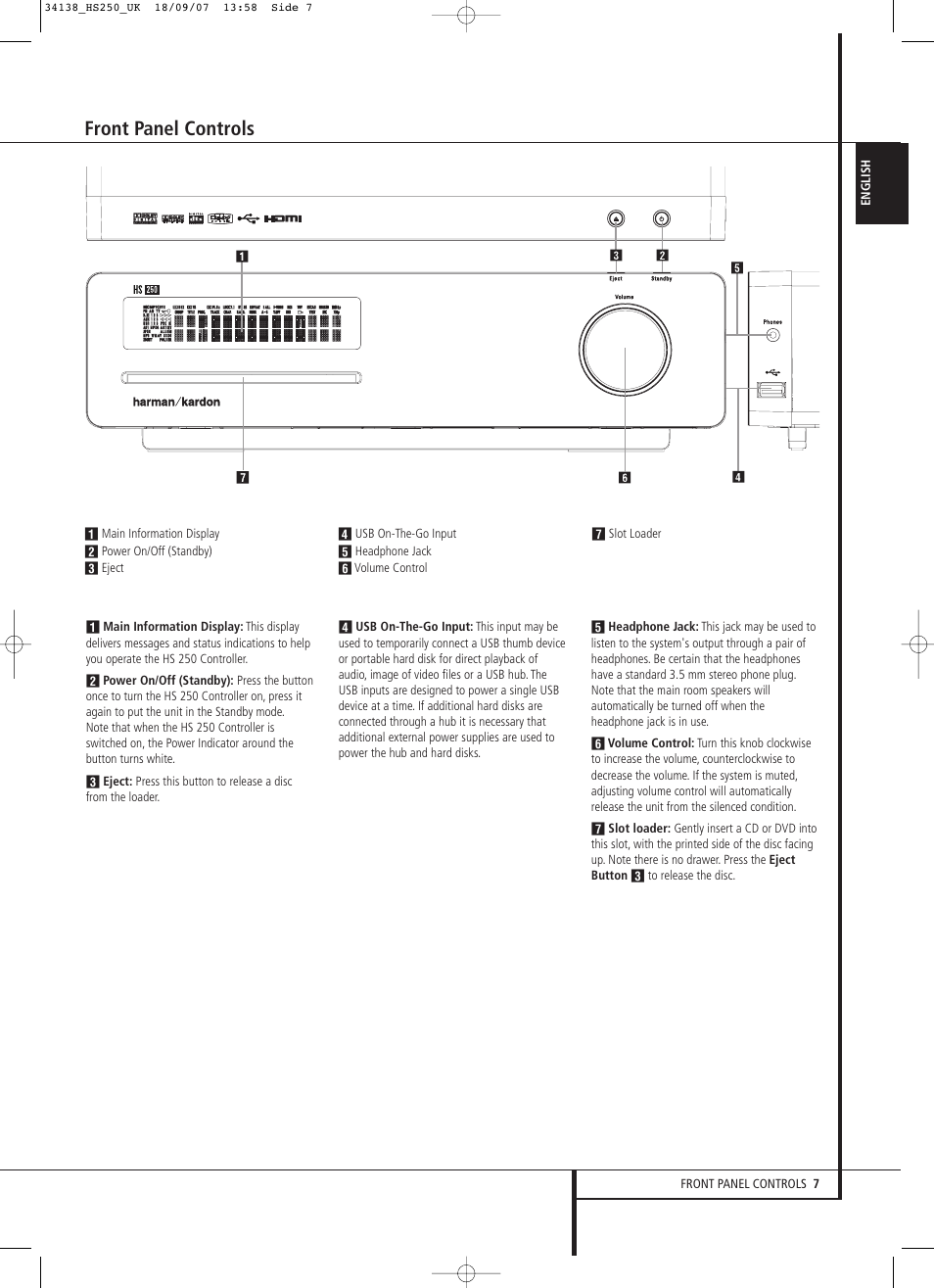 Front panel controls | Harman-Kardon HS 250 User Manual | Page 7 / 32