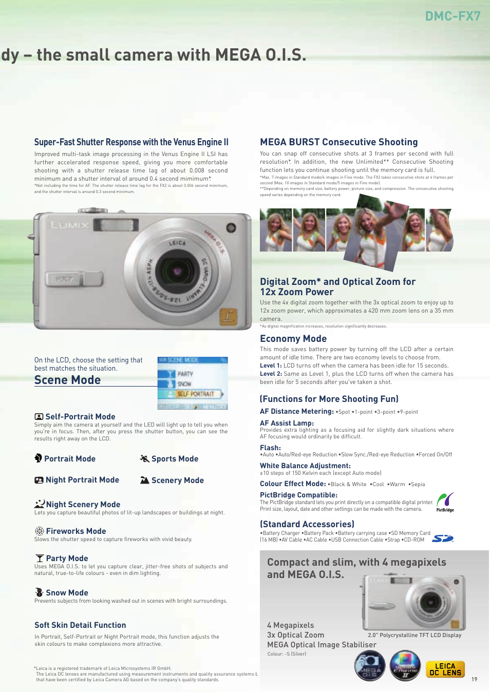 Dy – the small camera with mega o.i.s, Dmc-fx7, Scene mode | Compact and slim, with 4 megapixels and mega o.i.s, Digital zoom* and optical zoom for 12x zoom power, Economy mode | Harman-Kardon FZ20 User Manual | Page 19 / 28