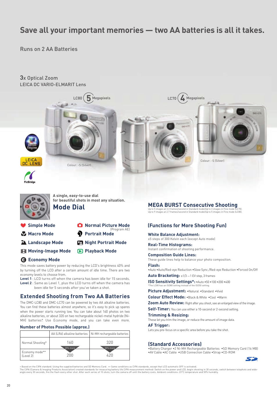 Lc80 & lc70, Mode dial, Runs on 2 aa batteries | Extended shooting from two aa batteries, Mega burst consecutive shooting | Harman-Kardon FZ20 User Manual | Page 20 / 28