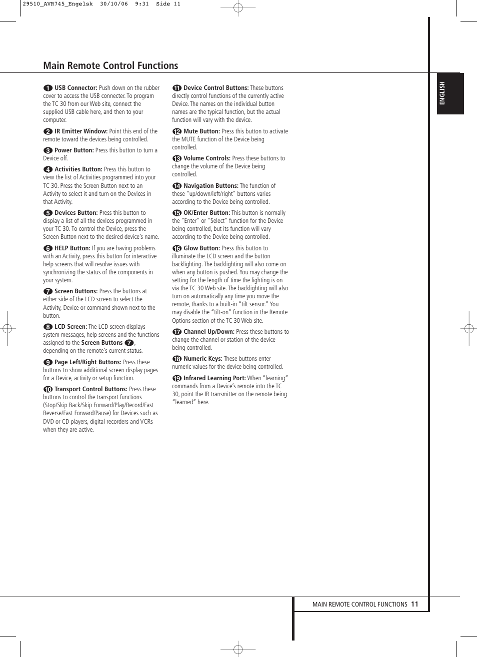 Main remote control functions | Harman-Kardon AVR 745 User Manual | Page 11 / 64