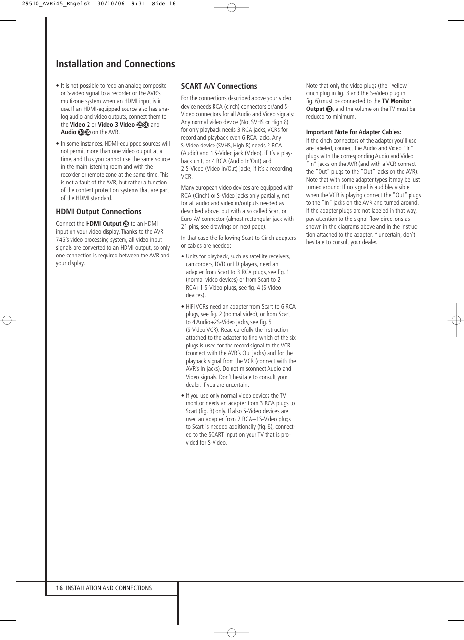 Installation and connections | Harman-Kardon AVR 745 User Manual | Page 16 / 64
