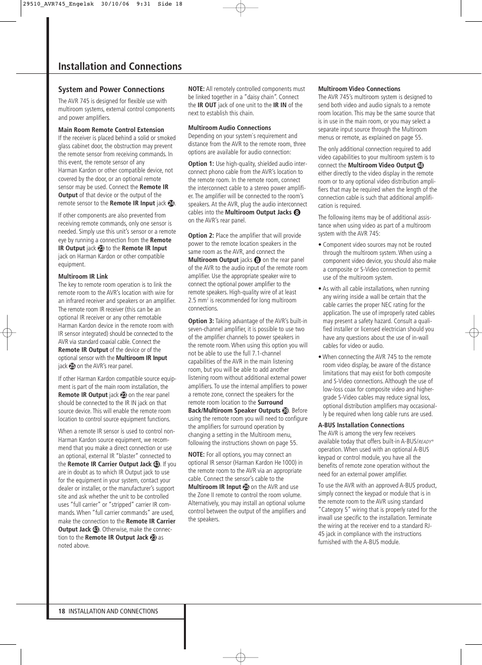 Installation and connections | Harman-Kardon AVR 745 User Manual | Page 18 / 64