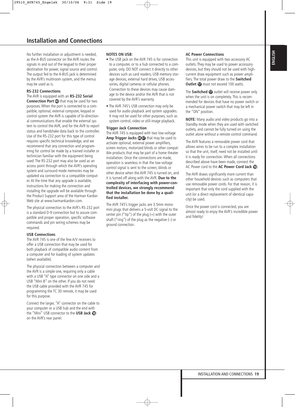 Installation and connections | Harman-Kardon AVR 745 User Manual | Page 19 / 64