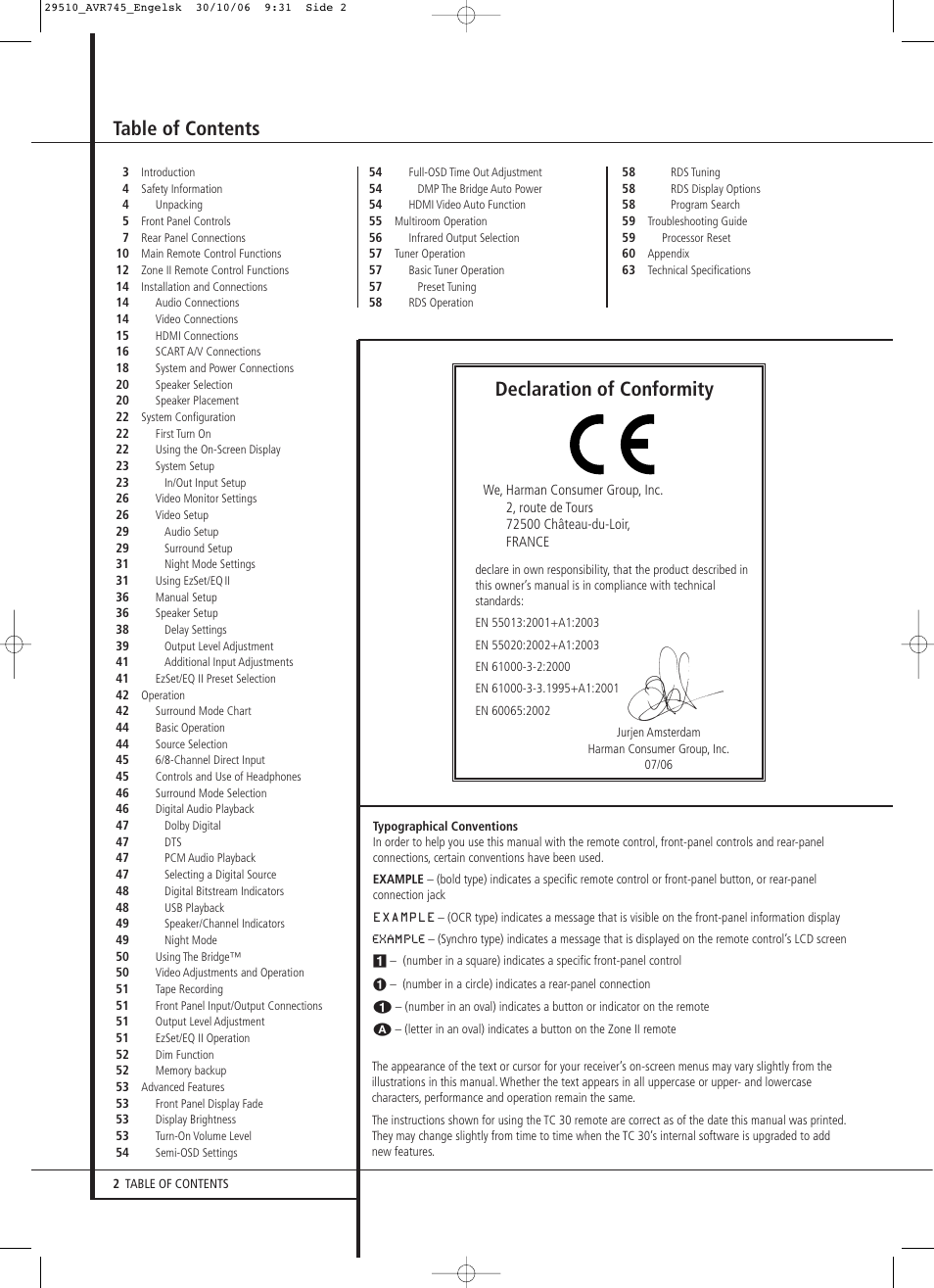 Harman-Kardon AVR 745 User Manual | Page 2 / 64