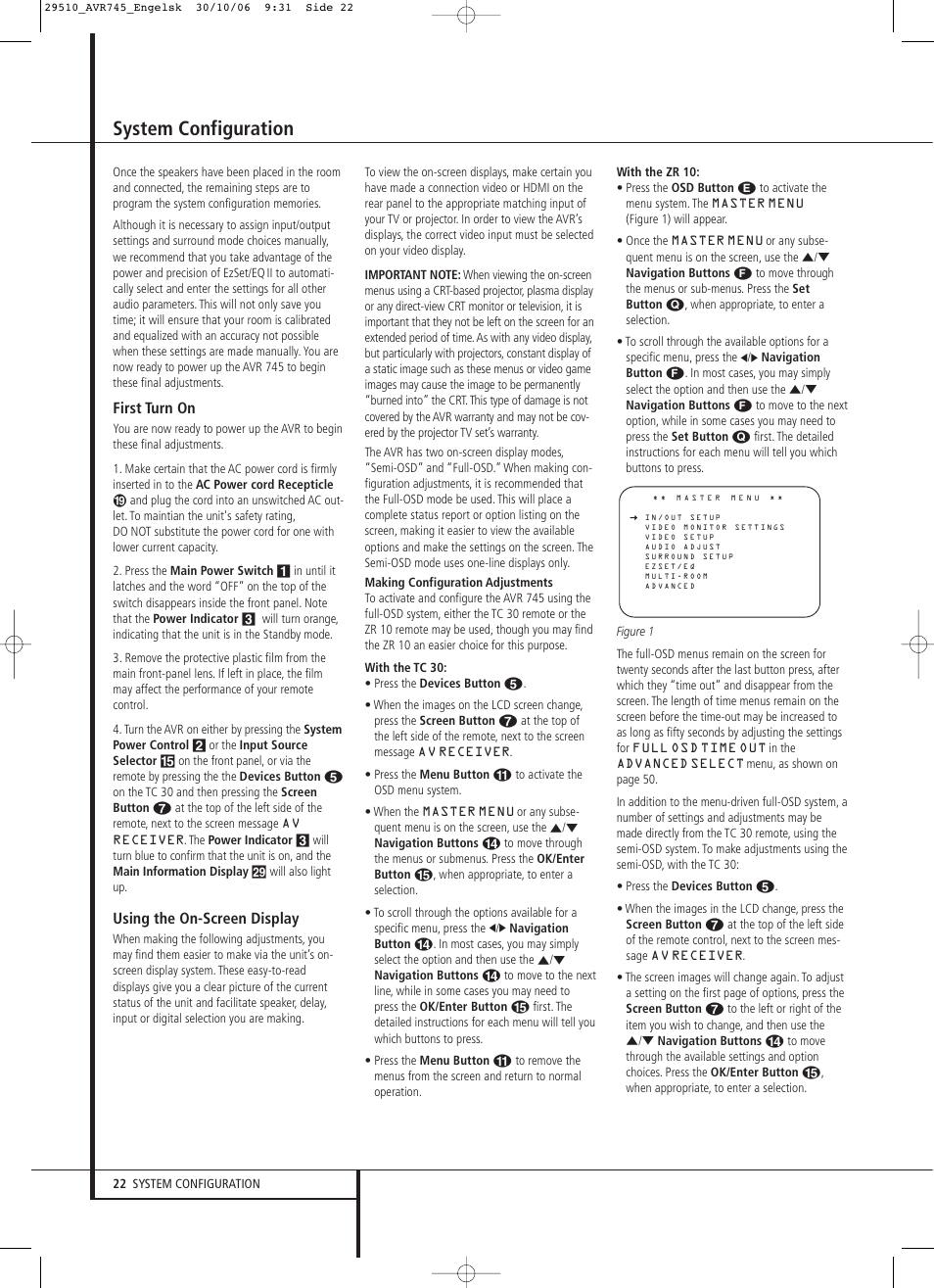 System configuration, First turn on, Using the on-screen display | Harman-Kardon AVR 745 User Manual | Page 22 / 64