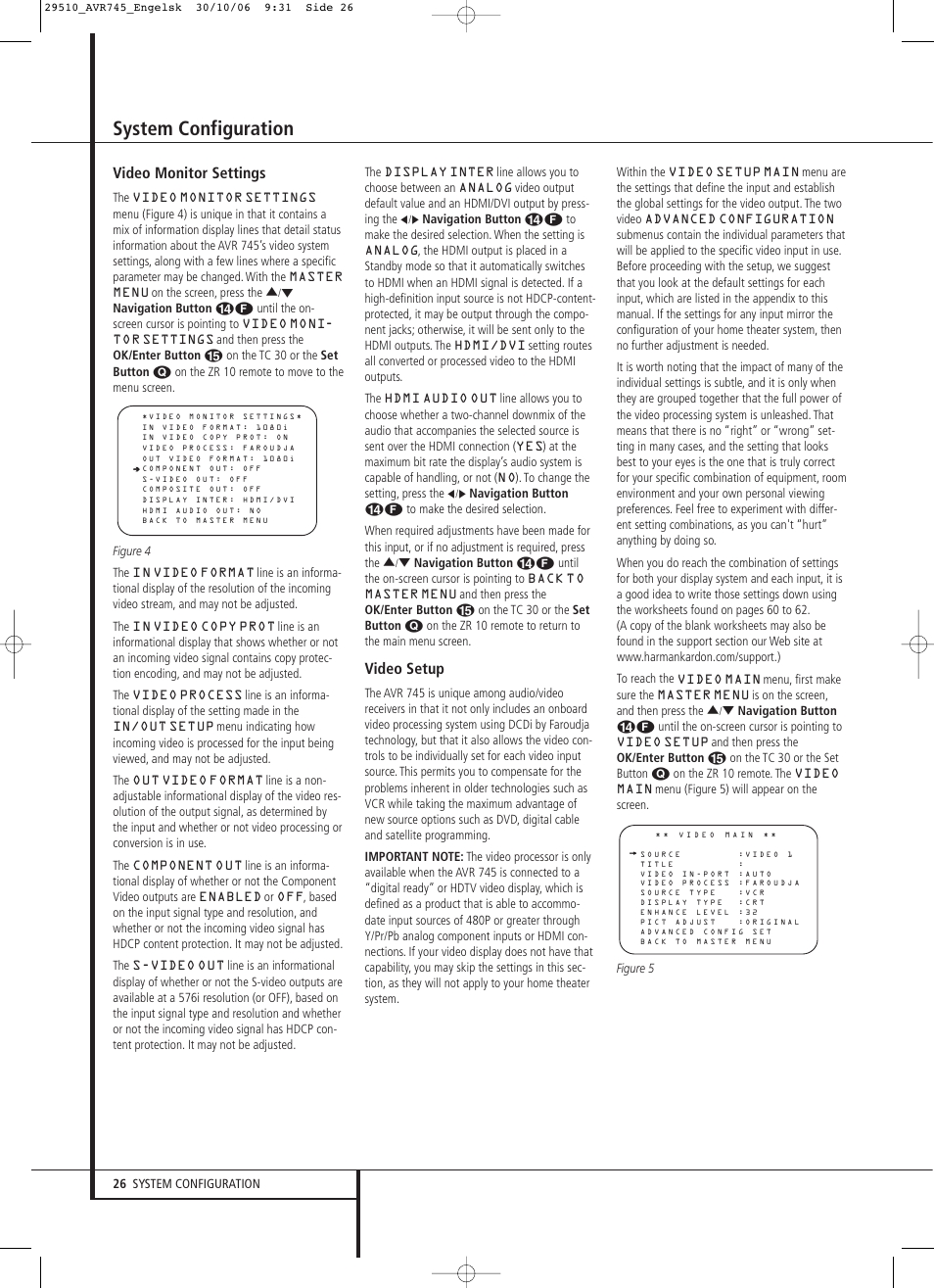 System configuration, Video monitor settings, Video setup | Harman-Kardon AVR 745 User Manual | Page 26 / 64