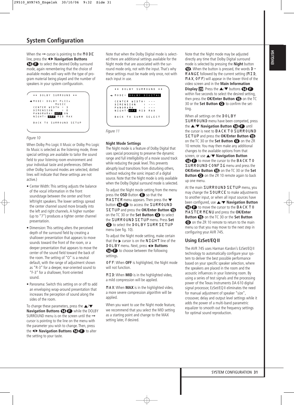 System configuration, Using ezset/eq ii | Harman-Kardon AVR 745 User Manual | Page 31 / 64