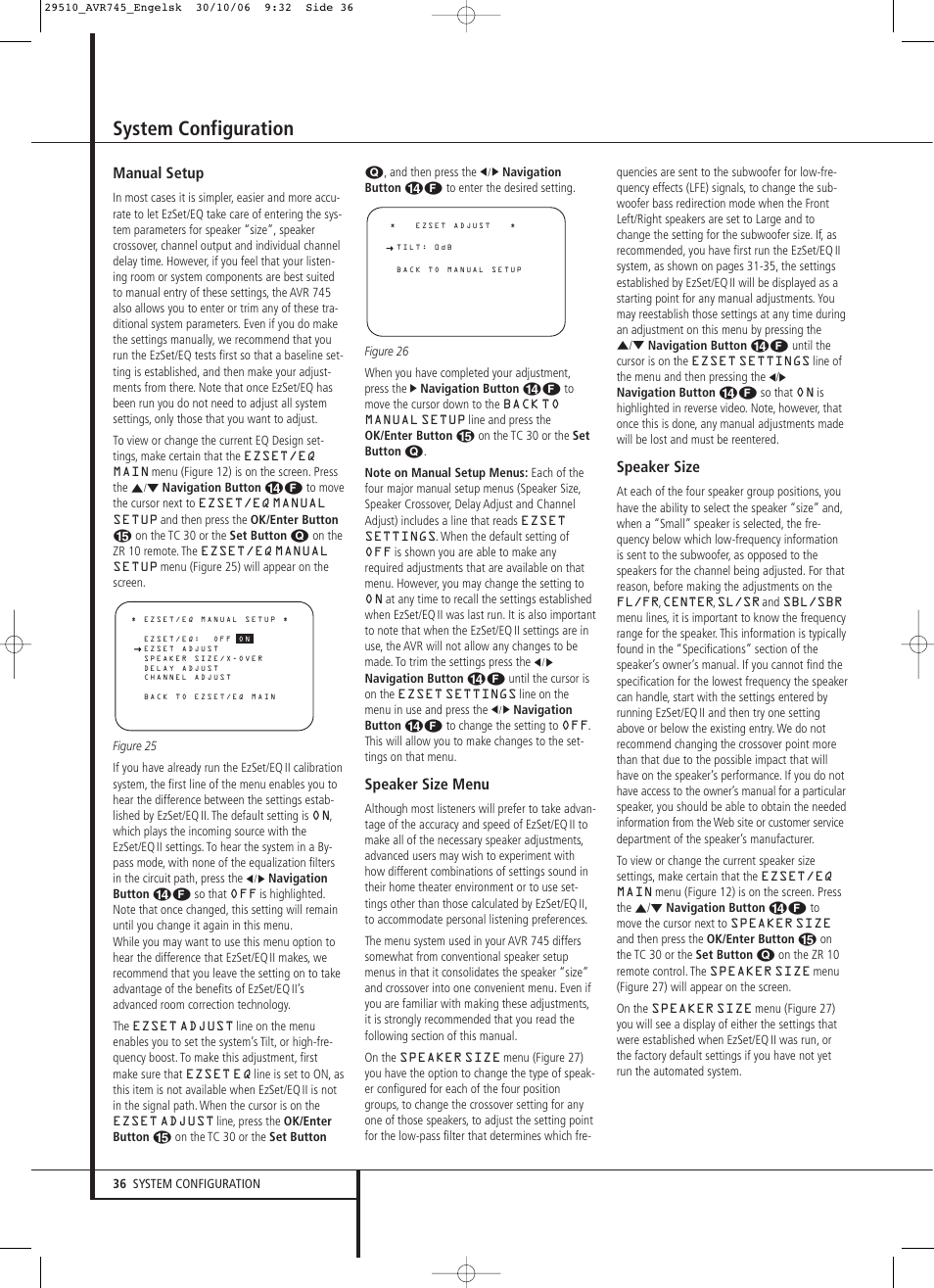 System configuration, Manual setup, Speaker size menu | Speaker size | Harman-Kardon AVR 745 User Manual | Page 36 / 64