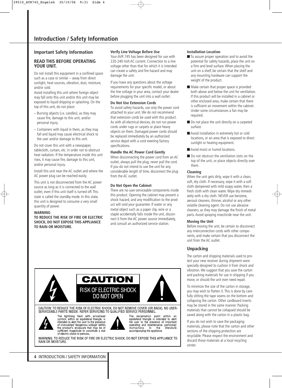 Introduction / safety information | Harman-Kardon AVR 745 User Manual | Page 4 / 64