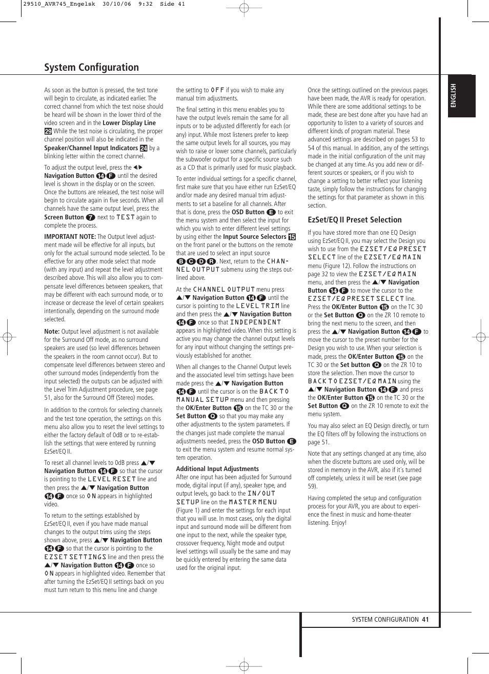 System configuration, Ezset/eq ii preset selection | Harman-Kardon AVR 745 User Manual | Page 41 / 64