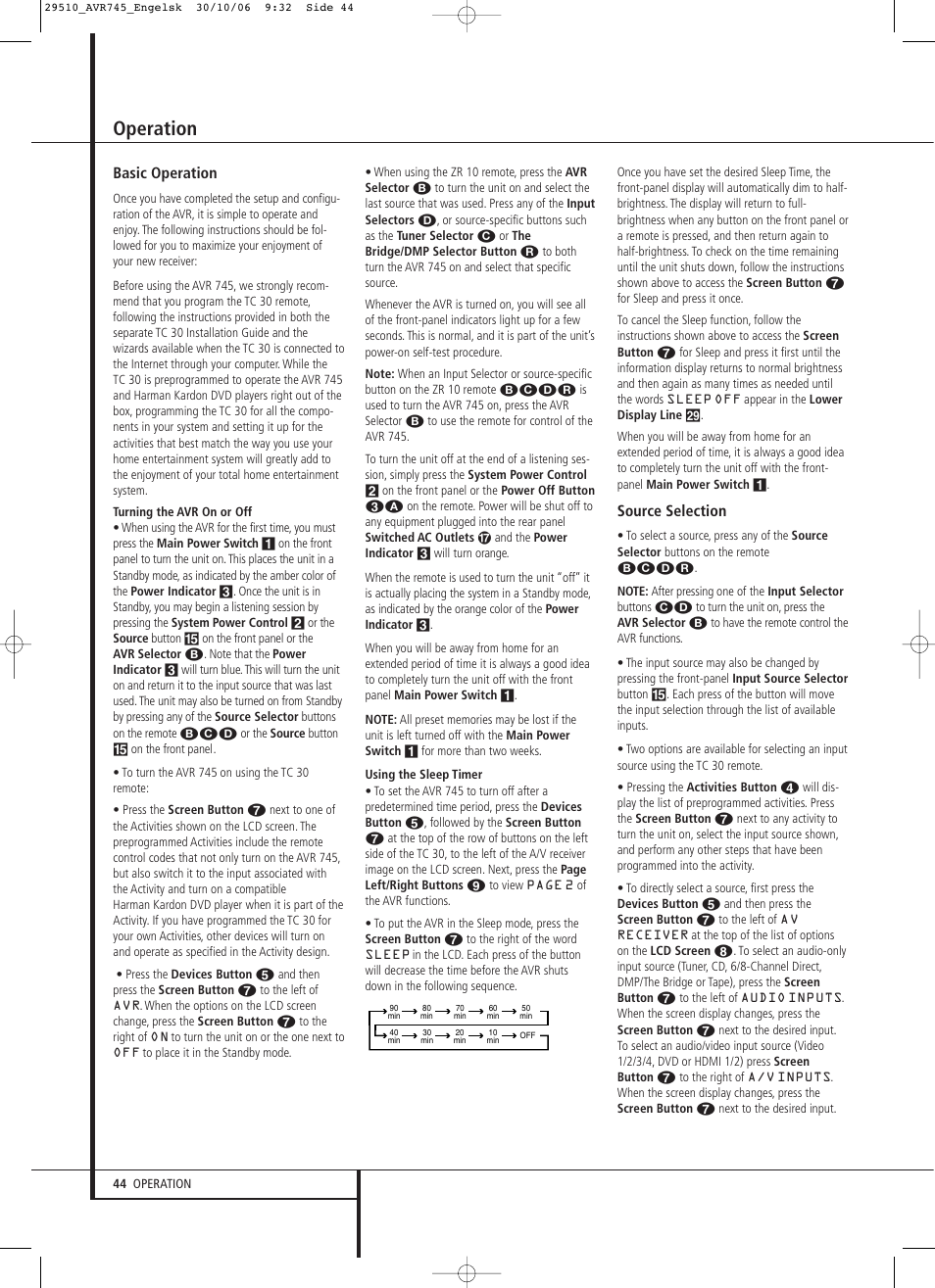 Operation, Basic operation, Source selection | Harman-Kardon AVR 745 User Manual | Page 44 / 64