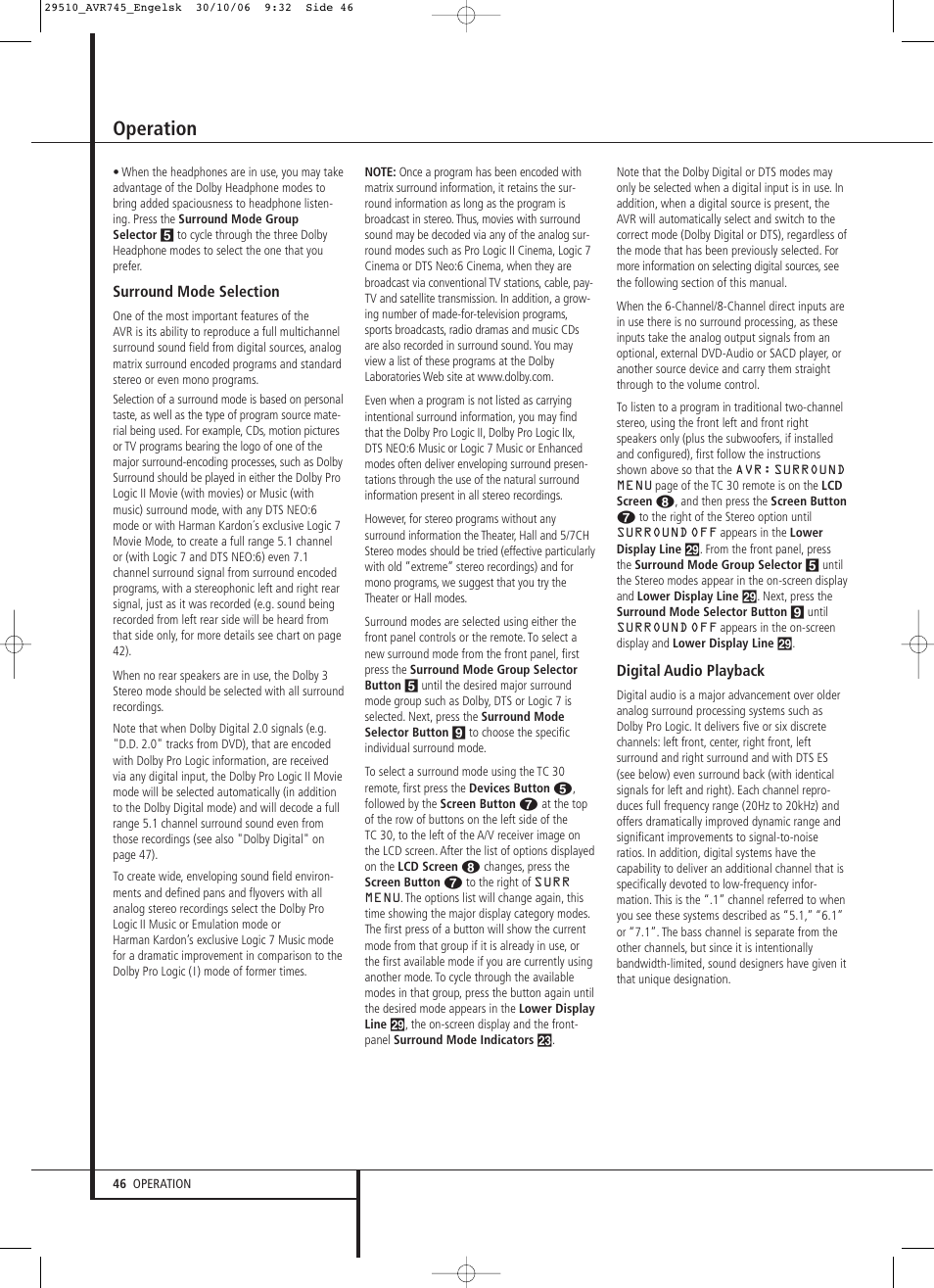 Operation | Harman-Kardon AVR 745 User Manual | Page 46 / 64