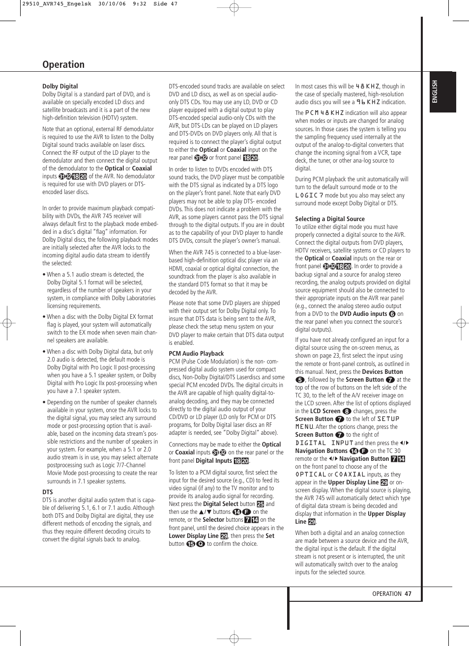 Operation | Harman-Kardon AVR 745 User Manual | Page 47 / 64