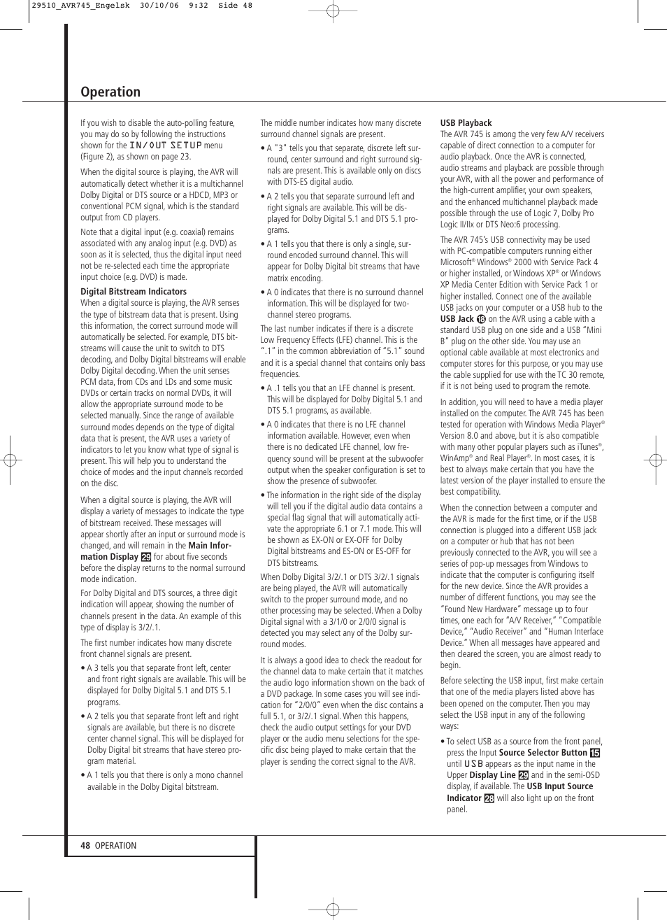 Operation | Harman-Kardon AVR 745 User Manual | Page 48 / 64