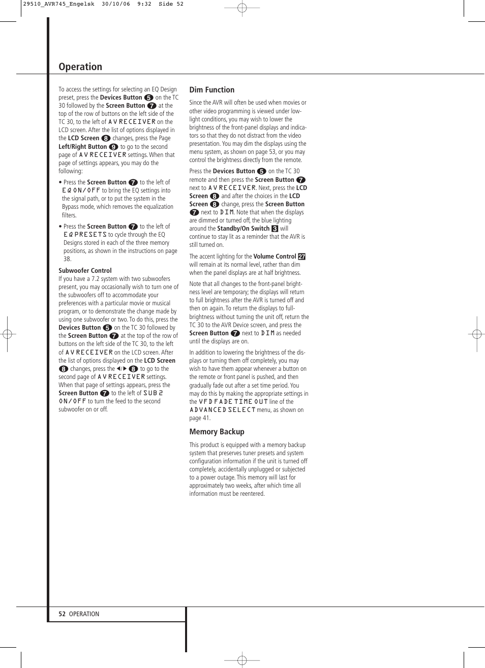 Operation | Harman-Kardon AVR 745 User Manual | Page 52 / 64