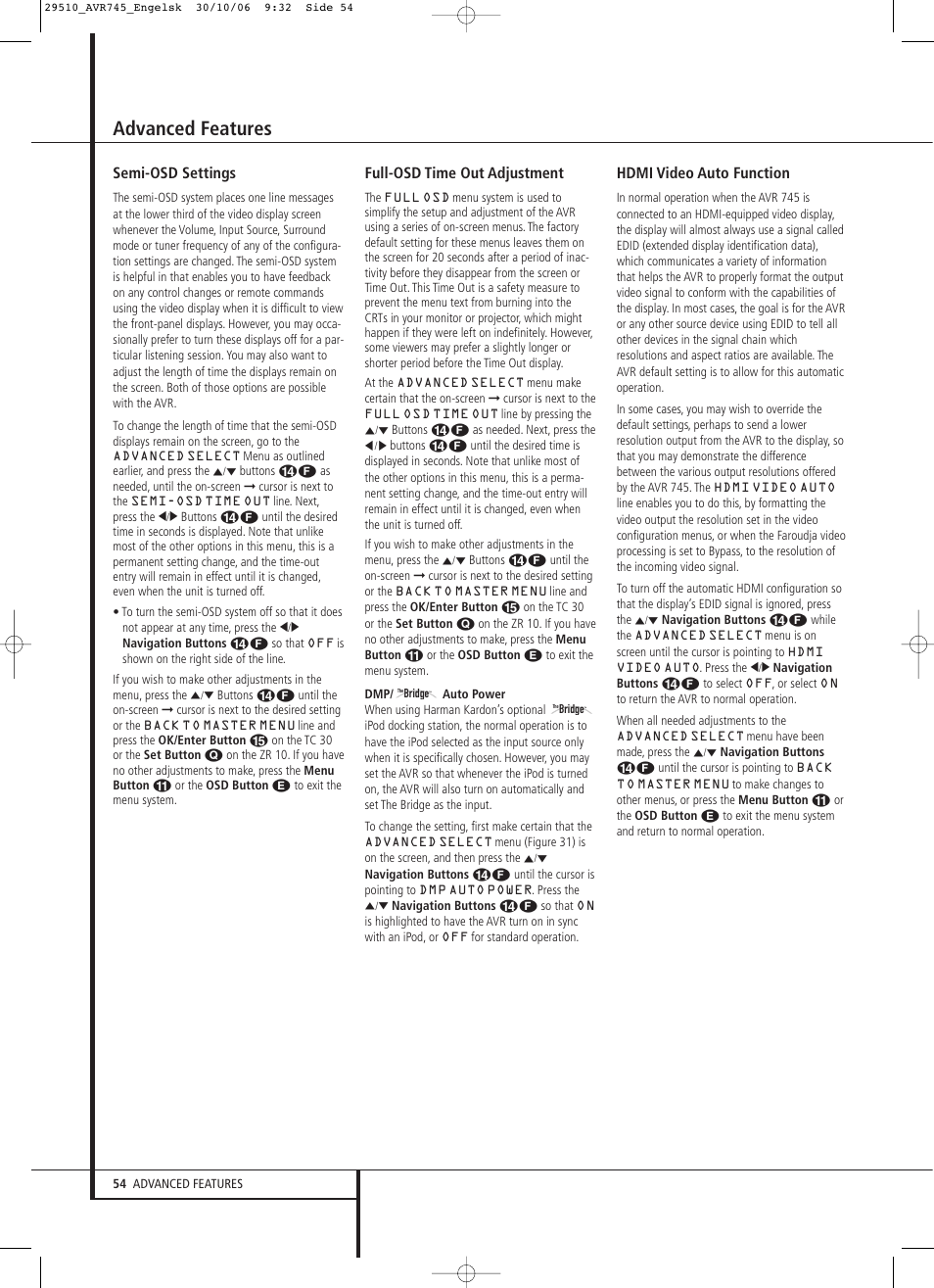 Advanced features, Semi-osd settings, Full-osd time out adjustment | Hdmi video auto function | Harman-Kardon AVR 745 User Manual | Page 54 / 64