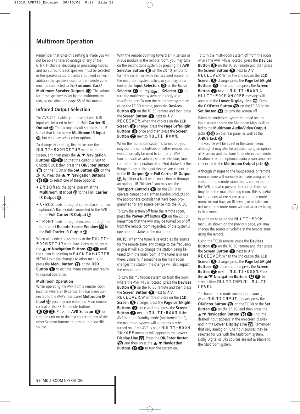 Multiroom operation, Infrared output selection | Harman-Kardon AVR 745 User Manual | Page 56 / 64