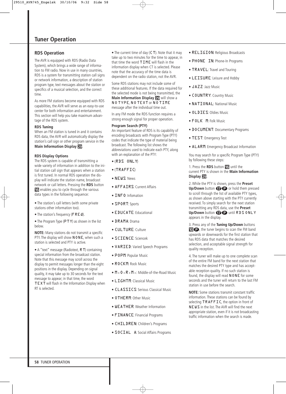 Tuner operation | Harman-Kardon AVR 745 User Manual | Page 58 / 64