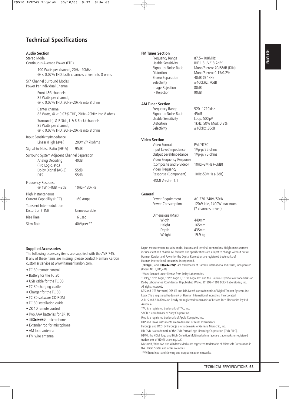 Technical specifications | Harman-Kardon AVR 745 User Manual | Page 63 / 64