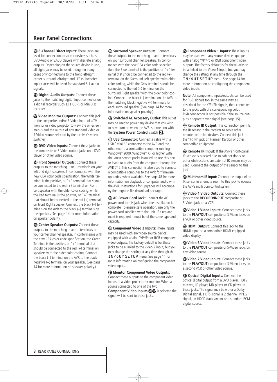 Rear panel connections | Harman-Kardon AVR 745 User Manual | Page 8 / 64