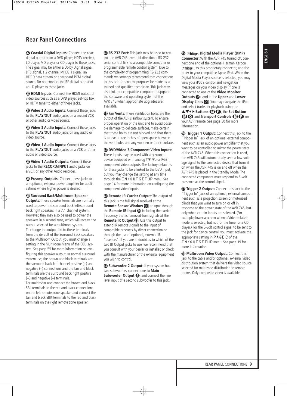 Rear panel connections | Harman-Kardon AVR 745 User Manual | Page 9 / 64