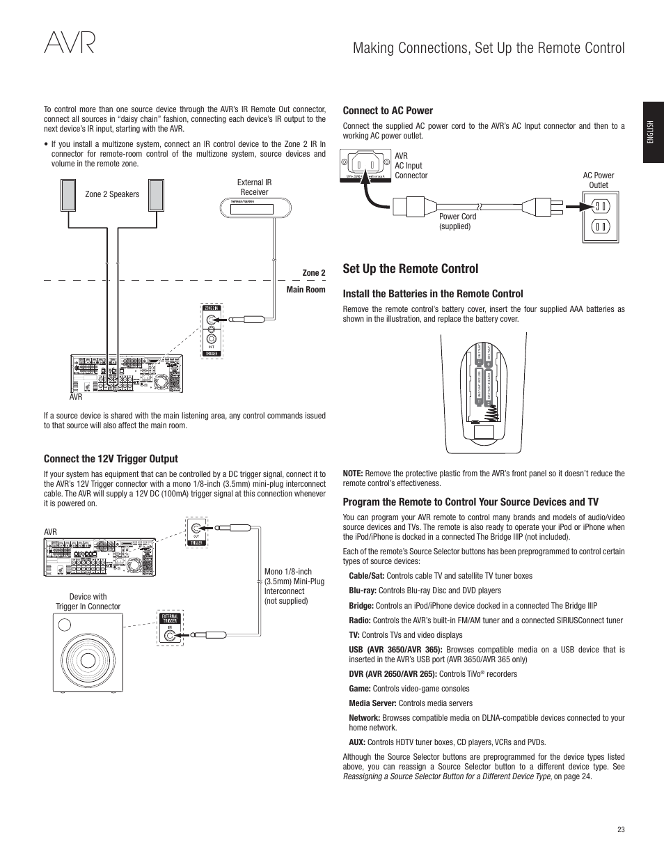 Making connections, set up the remote control, Set up the remote control | Harman-Kardon AVR 365 User Manual | Page 23 / 62