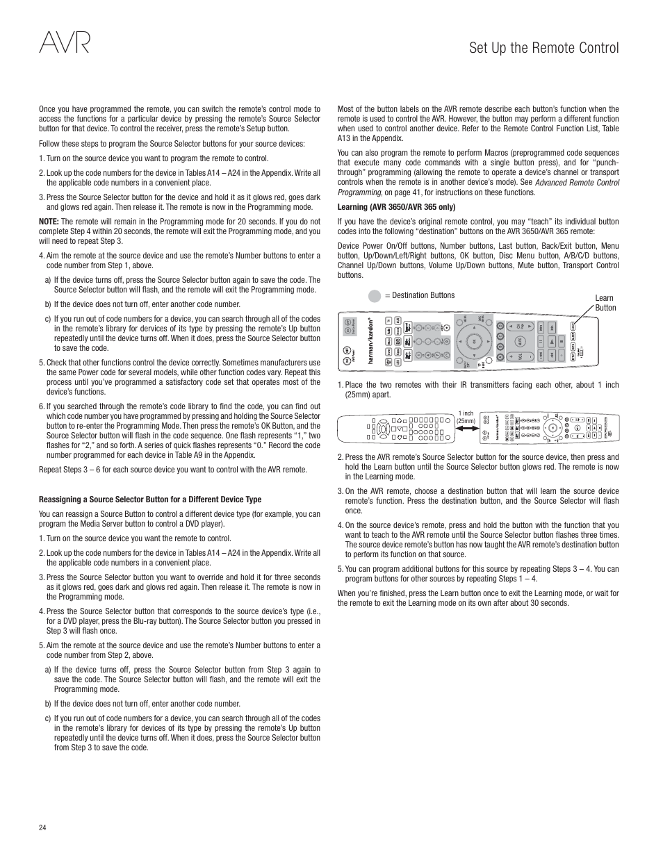 Set up the remote control | Harman-Kardon AVR 365 User Manual | Page 24 / 62