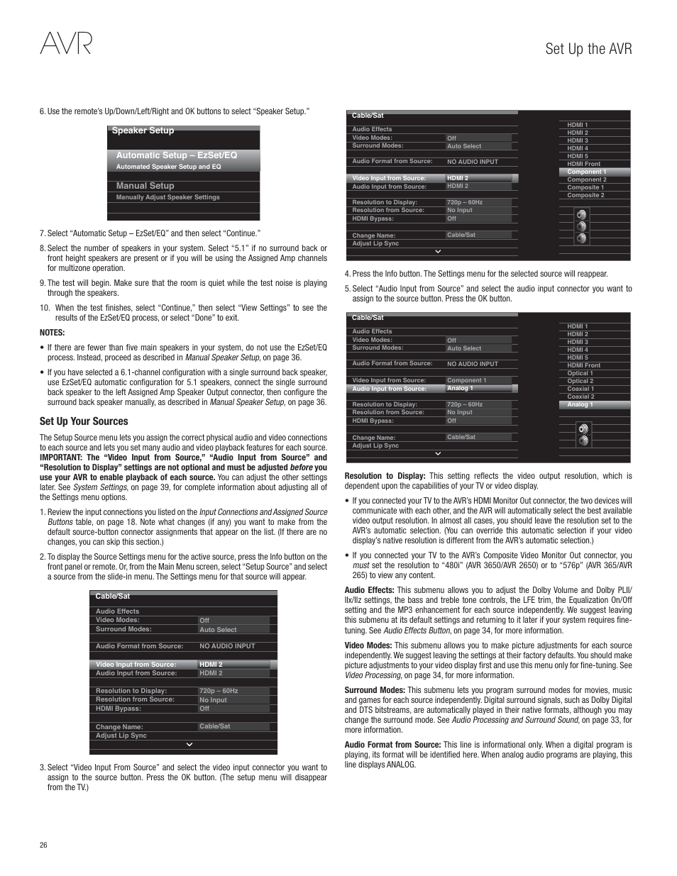 Set up the avr, Set up your sources | Harman-Kardon AVR 365 User Manual | Page 26 / 62
