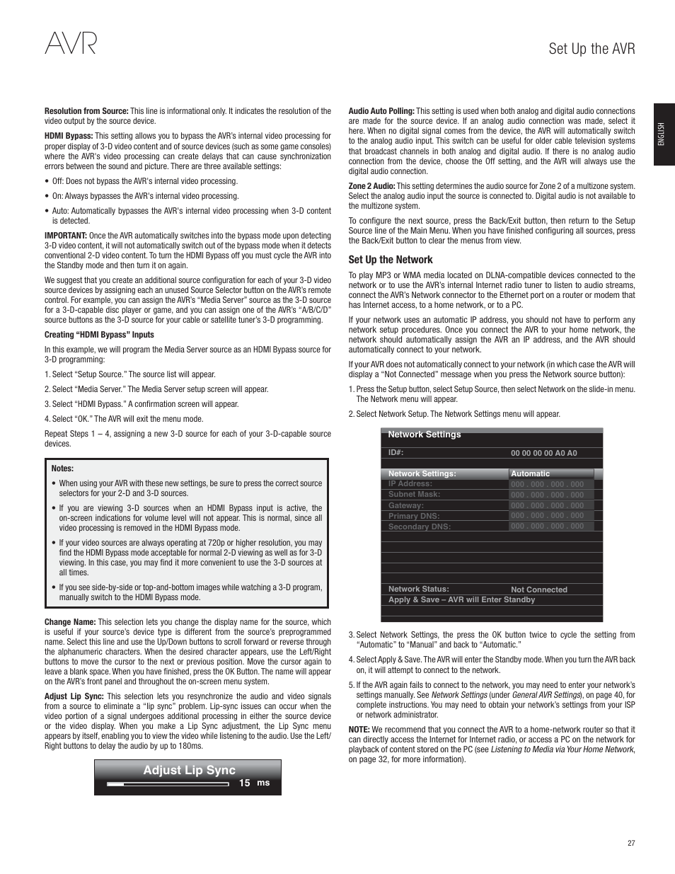 Set up the avr, Adjust lip sync | Harman-Kardon AVR 365 User Manual | Page 27 / 62