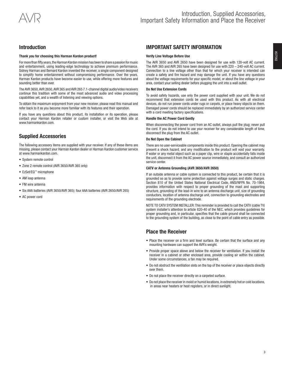Introduction, Supplied accessories, Important safety information | Place the receiver | Harman-Kardon AVR 365 User Manual | Page 3 / 62