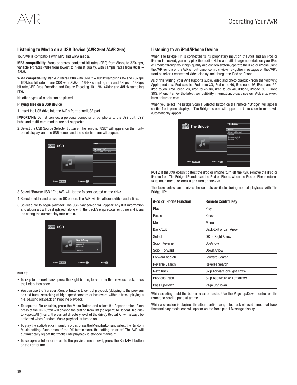 Operating your avr, Listening to an ipod/iphone device | Harman-Kardon AVR 365 User Manual | Page 30 / 62