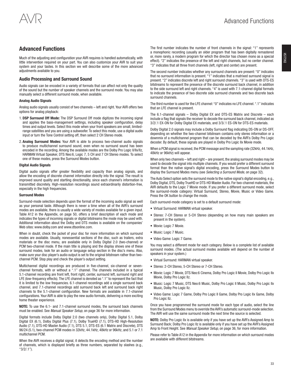 Advanced functions | Harman-Kardon AVR 365 User Manual | Page 33 / 62