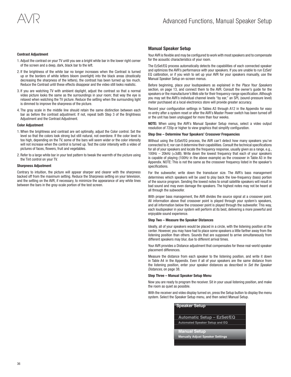 Advanced functions, manual speaker setup | Harman-Kardon AVR 365 User Manual | Page 36 / 62
