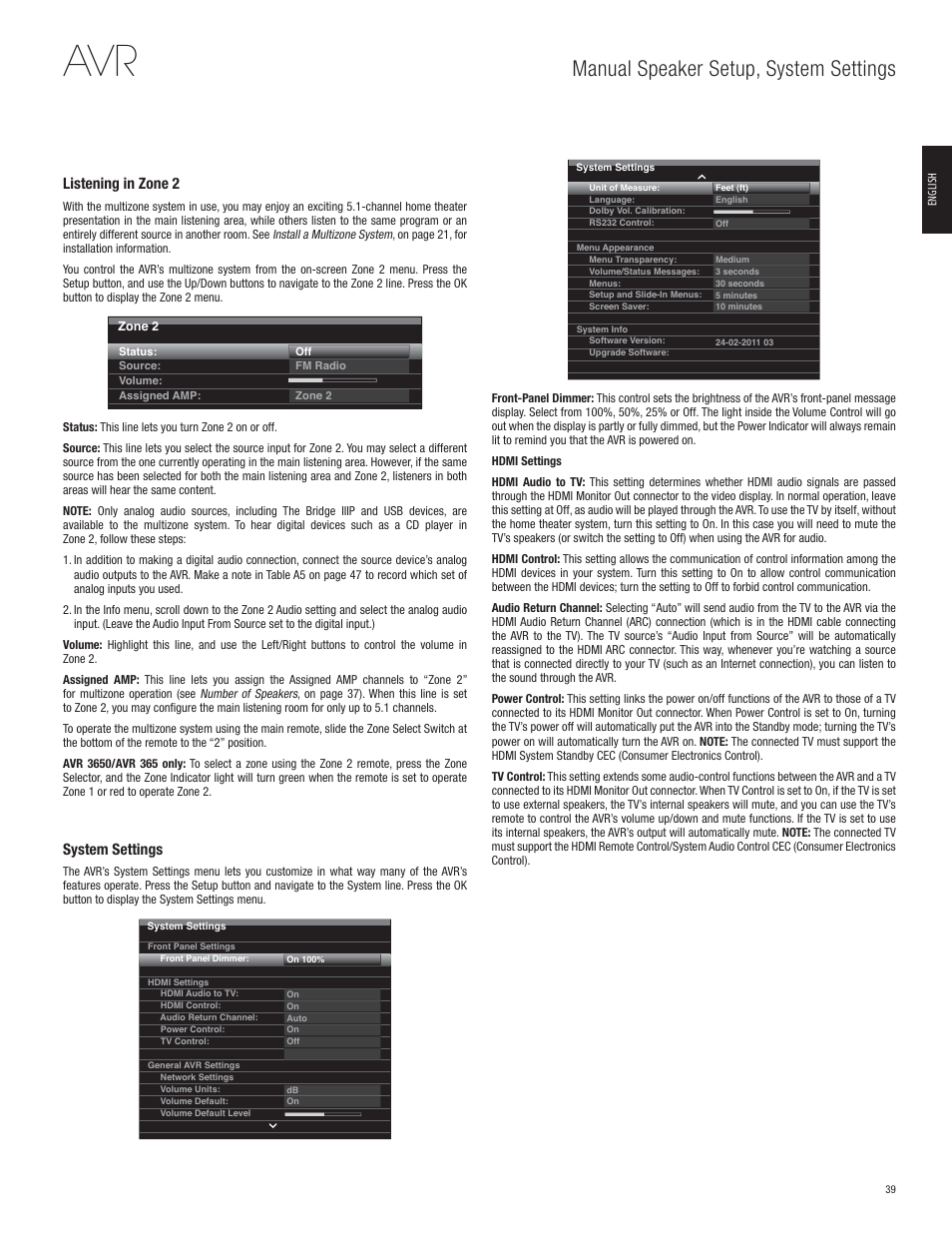 Manual speaker setup, system settings, Listening in zone 2, System settings | Harman-Kardon AVR 365 User Manual | Page 39 / 62