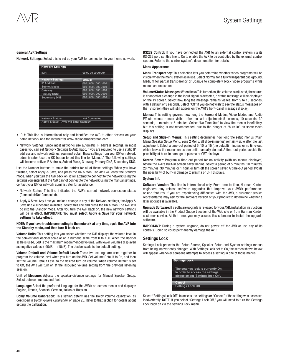 System settings | Harman-Kardon AVR 365 User Manual | Page 40 / 62