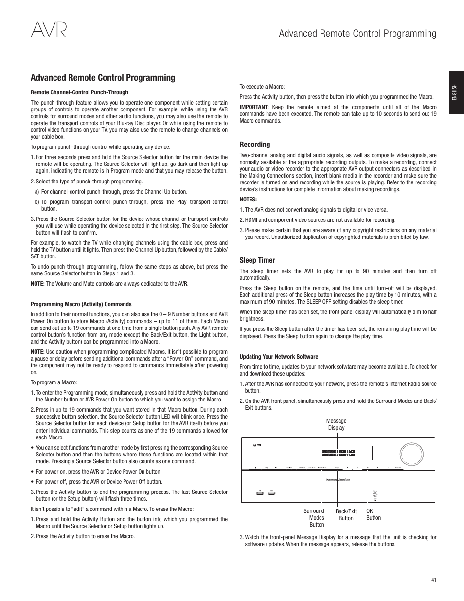 Advanced remote control programming | Harman-Kardon AVR 365 User Manual | Page 41 / 62