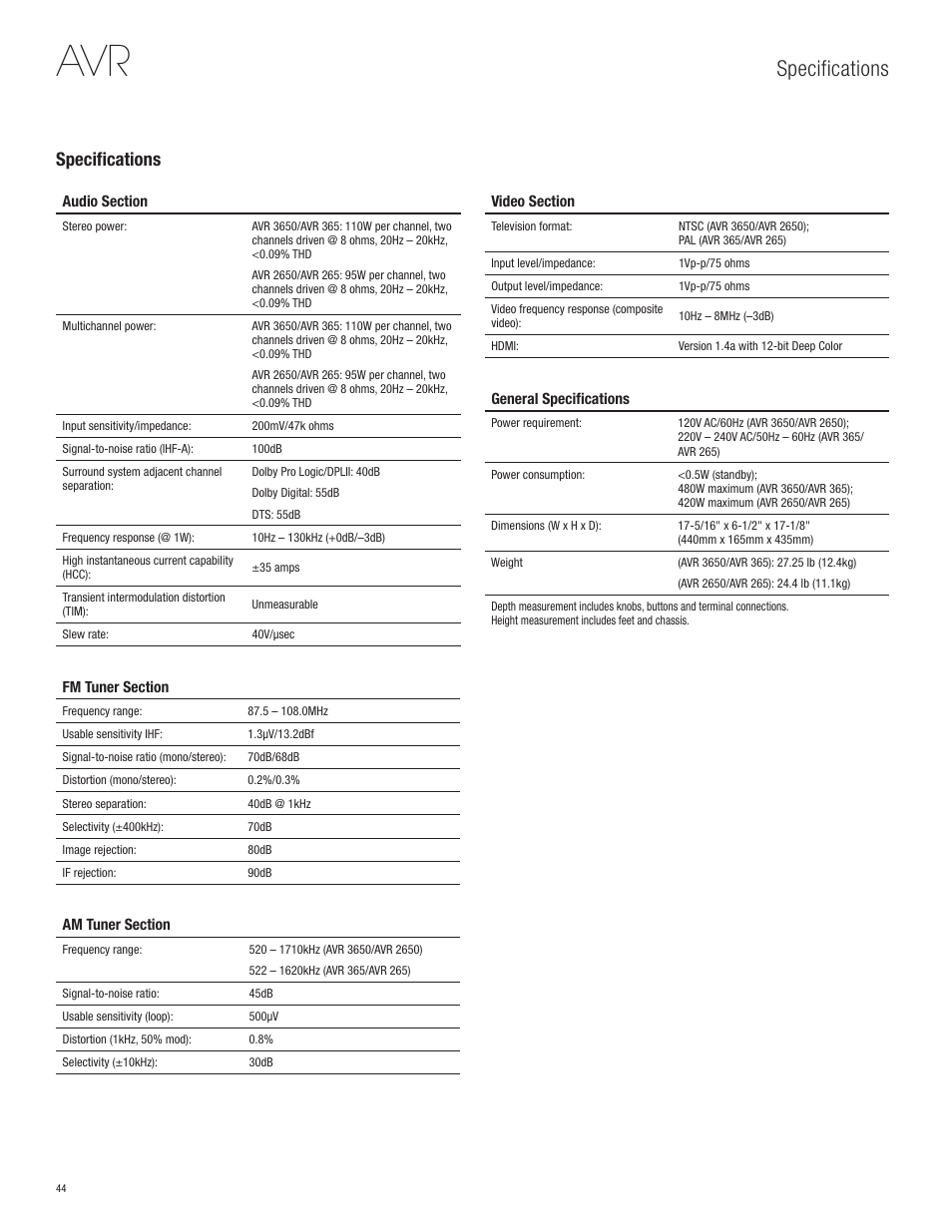Specifications | Harman-Kardon AVR 365 User Manual | Page 44 / 62