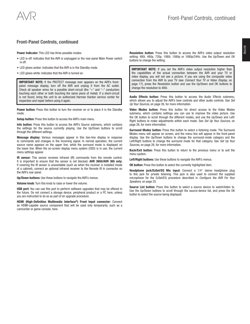 Front-panel controls, continued | Harman-Kardon AVR 365 User Manual | Page 5 / 62