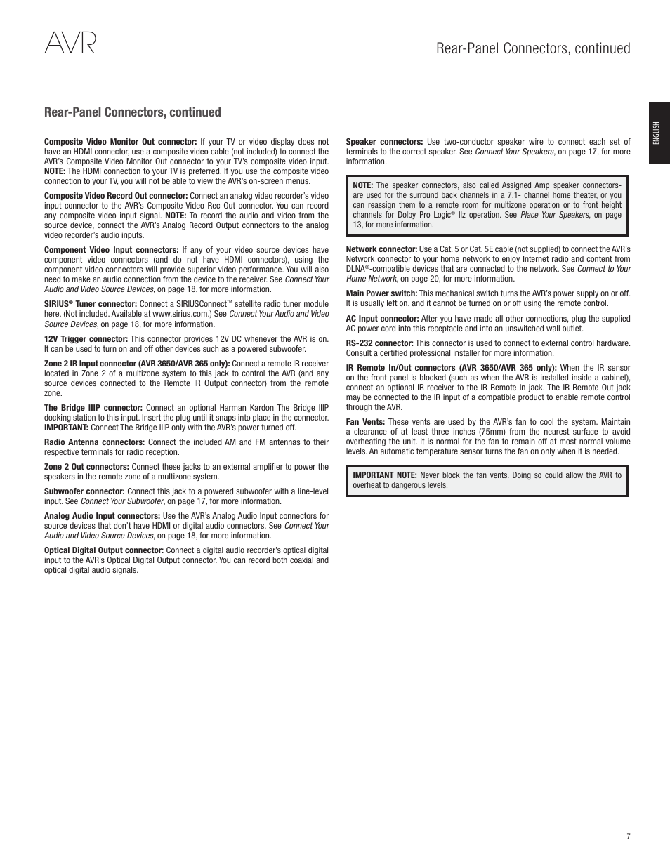Rear-panel connectors, continued | Harman-Kardon AVR 365 User Manual | Page 7 / 62